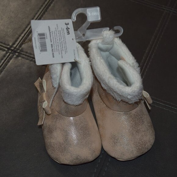 New! Child of Mine bY CARTER'S 3-6M Gold Sparkle Faux Fur Lined Boots Booties - Picture 3 of 5